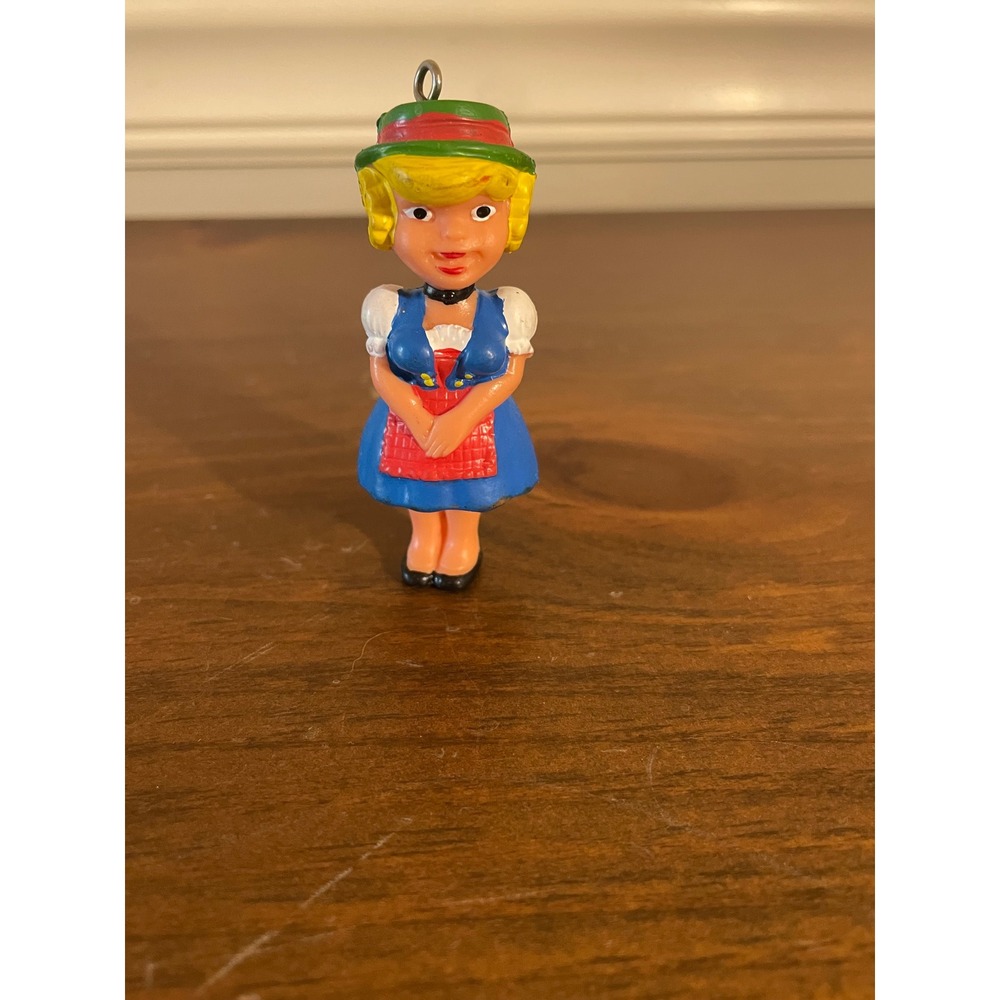 Vintage German Girl Figurine Ornament Blue Dirndl Green Hat Bavarian Folk Art
